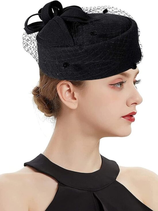 Women\'s British Style Pillbox Church Derby Wedding Winter Vintage Veil Hat Black